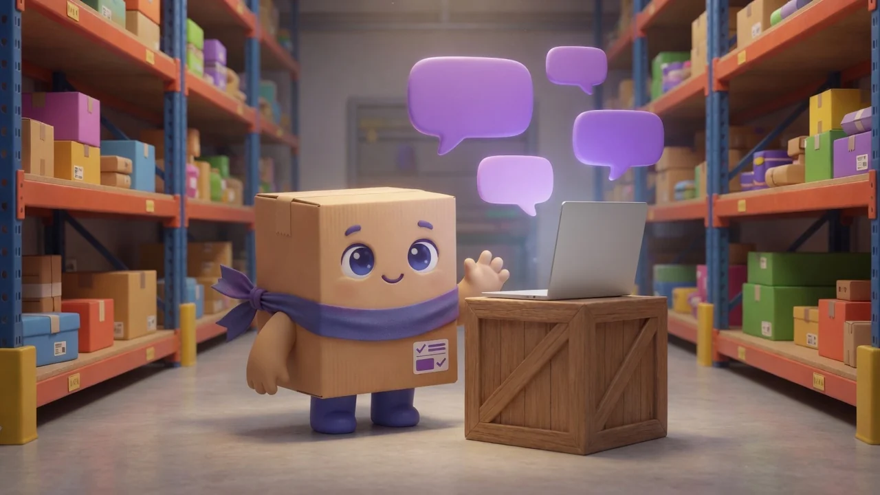 Package Pal beside a laptop on a crate, with purple speech bubbles floating in a warehouse aisle.