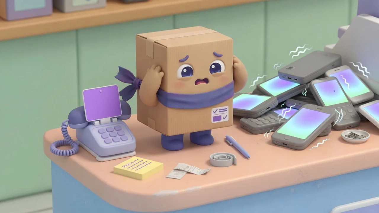 Package Pal covering its ears beside a pile of buzzing phones.