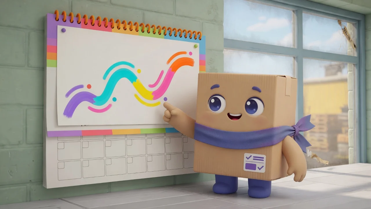 Package Pal pointing at a whiteboard trend line beside a wall calendar.