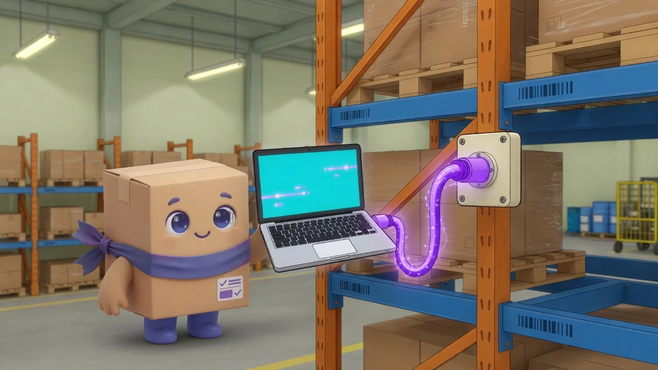 Package Pal connecting a laptop to warehouse racks with a glowing purple cable.