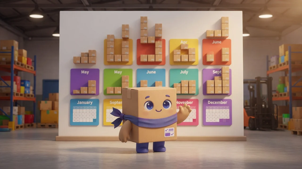 Package Pal in front of a calendar wall, each month with a different-height stack of boxes.