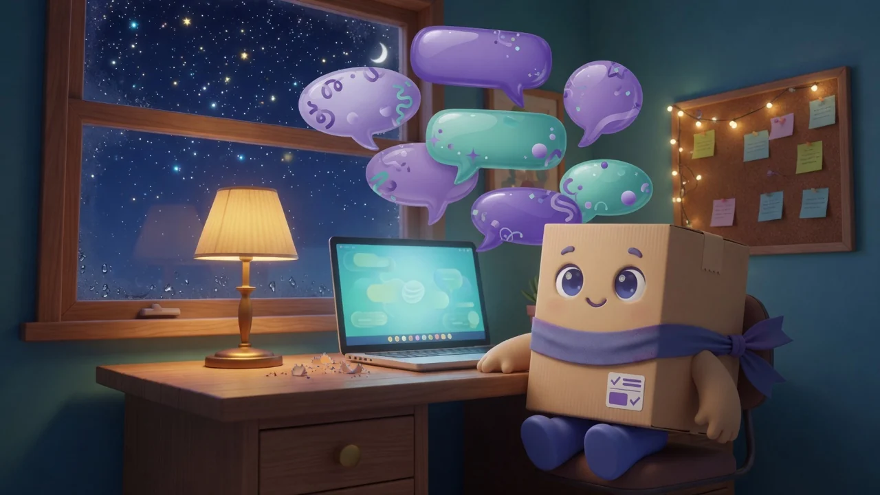 Package Pal przy laptopie nocą, z unoszącymi się fioletowymi dymkami.
