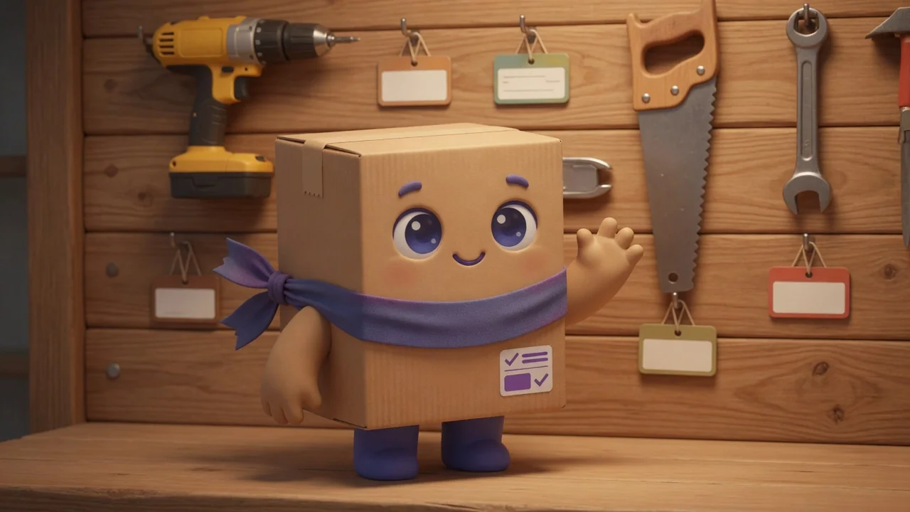 Package Pal in front of a tool wall of hanging drills and wrenches, each with a blank name tag.