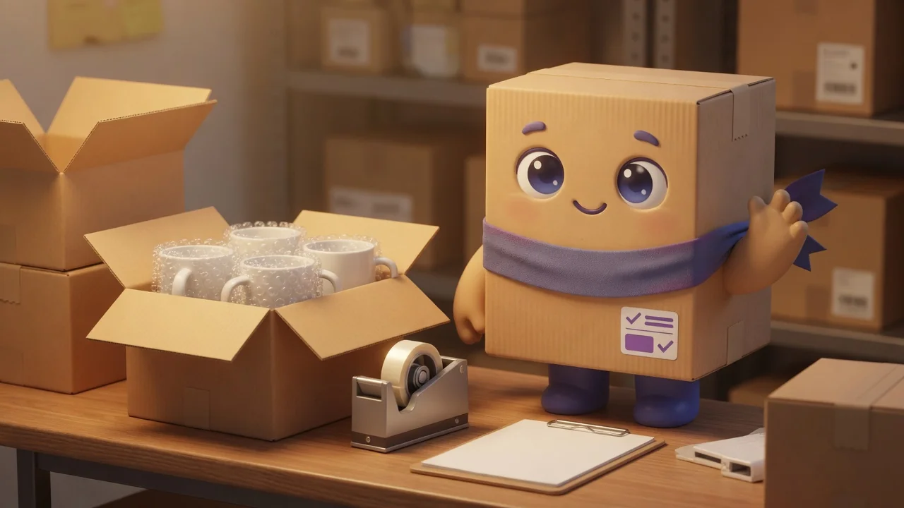 Package Pal at a packing table with an open box of mugs, tape, and a pick list.