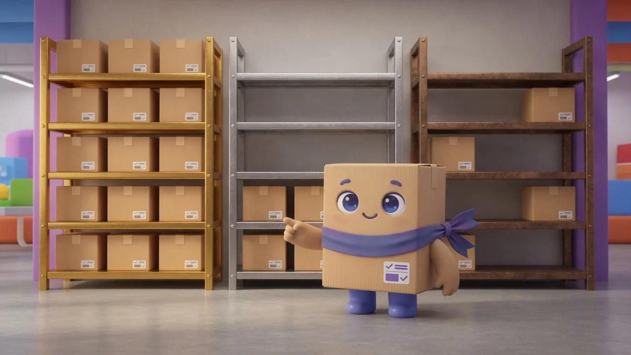 Package Pal in front of three warehouse aisles: a full gold aisle, a half-full silver aisle, and a sparse bronze aisle.
