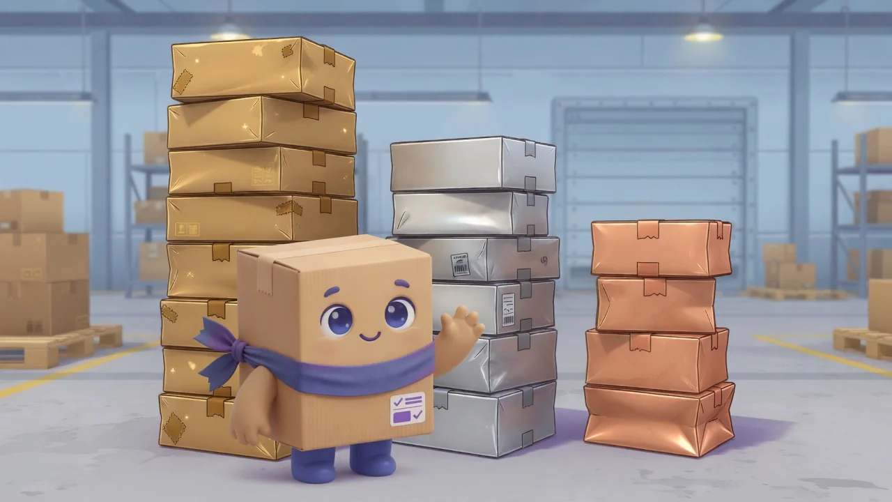 Package Pal in front of three stacks of boxes, tall gold, medium, and short.