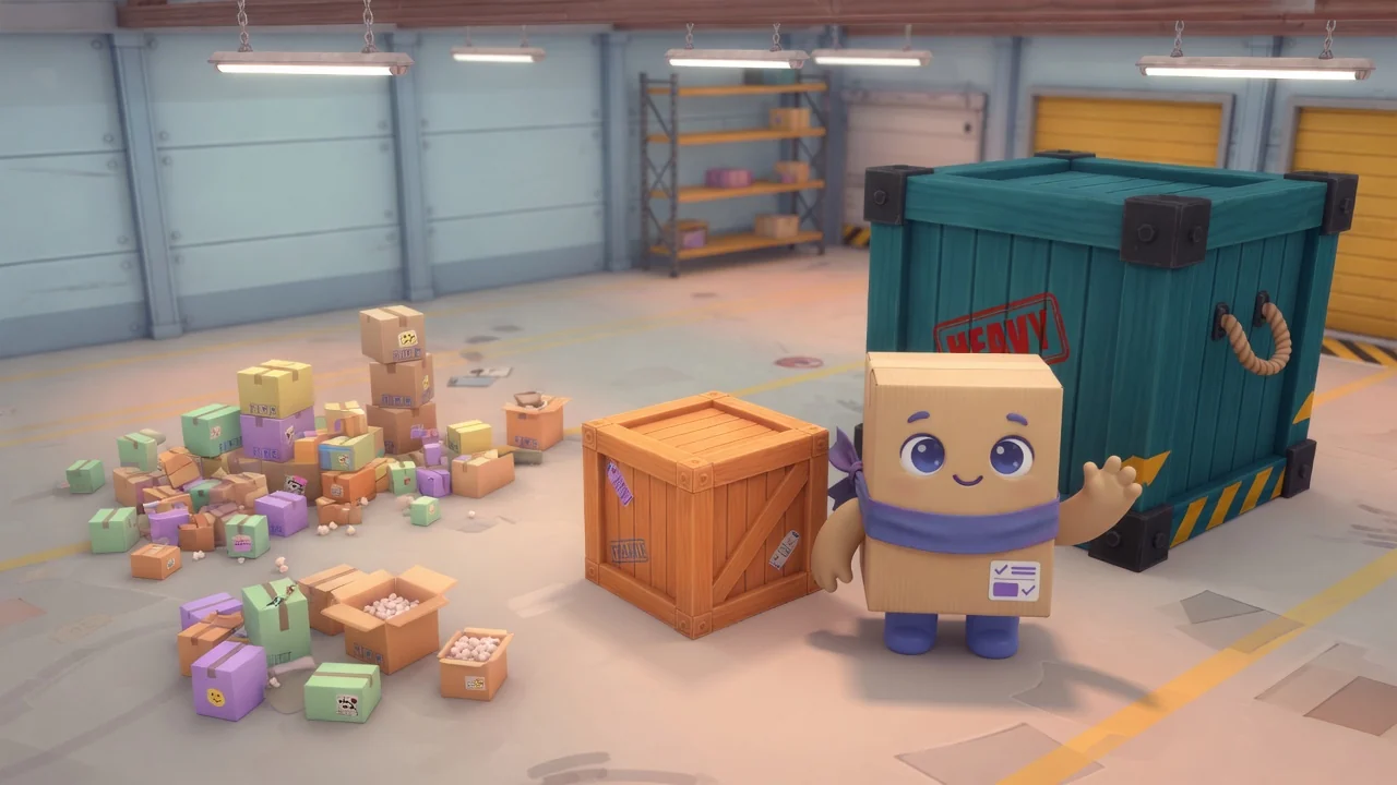 Package Pal beside a medium crate, with tiny boxes on one side and an oversized crate on the other.