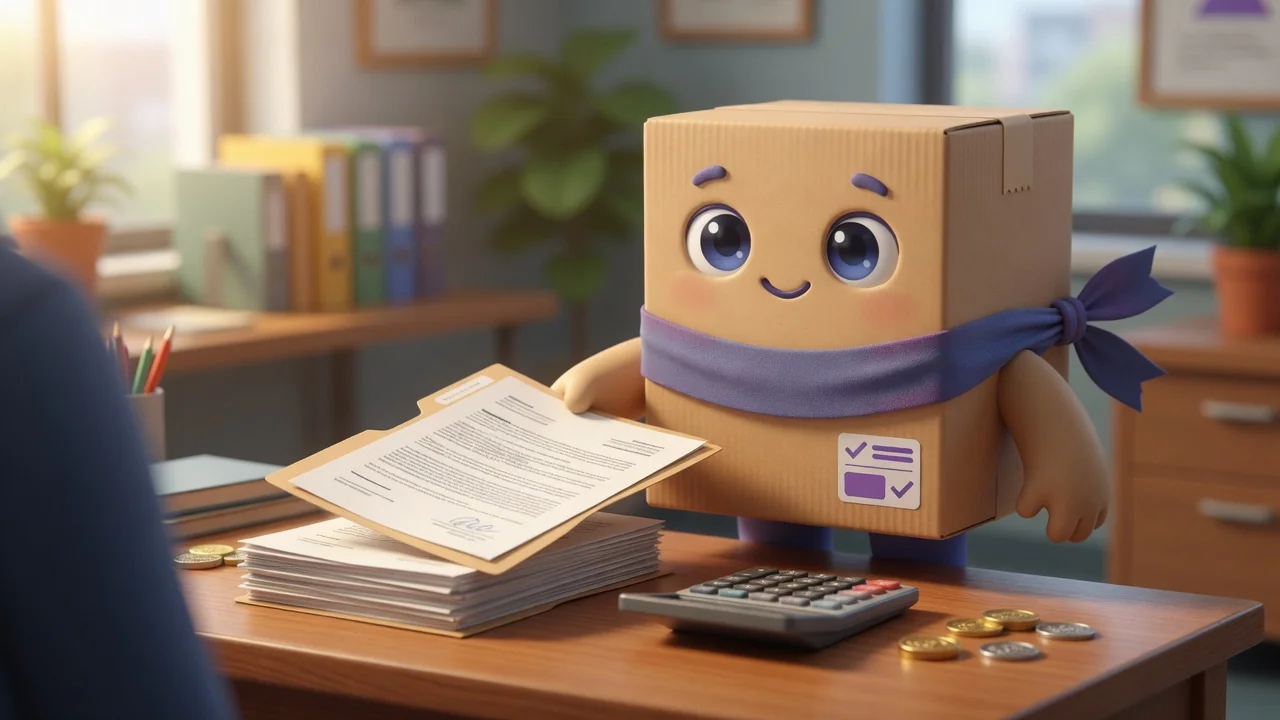 Package Pal at a desk handing over a folder of printed inventory reports.