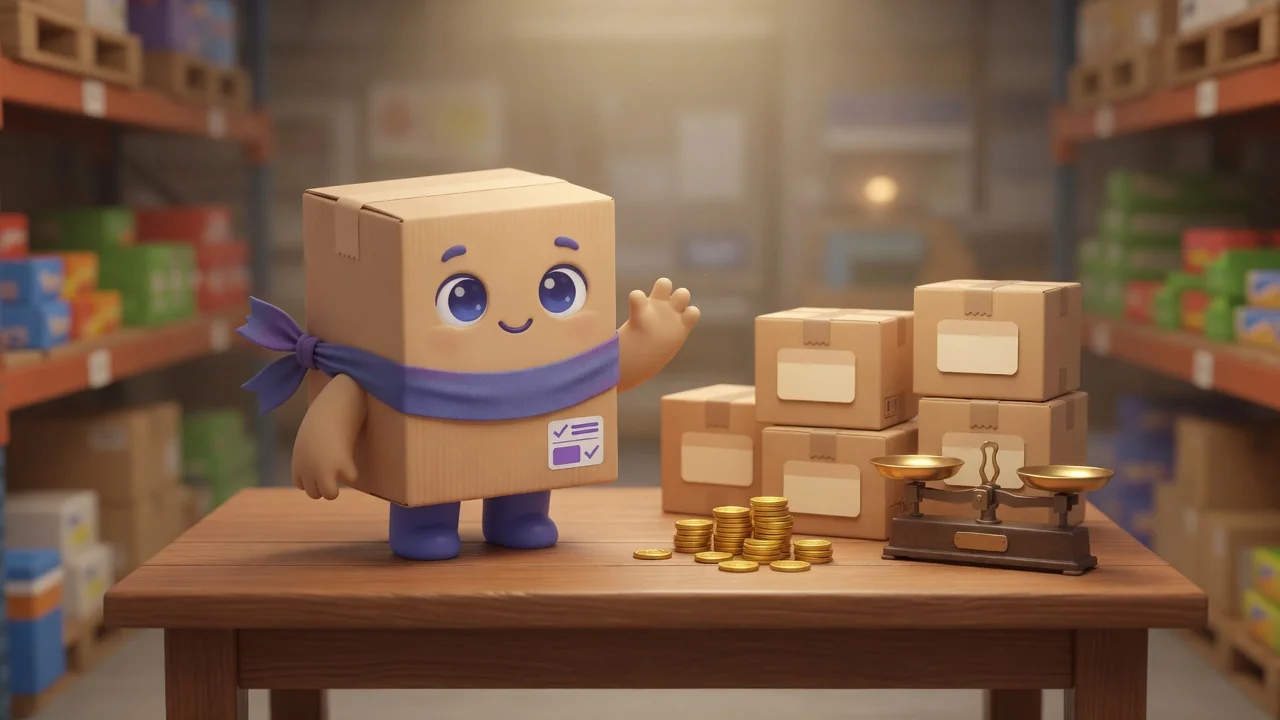 Package Pal beside stacks of boxes with price tags, coins, and a balance scale.