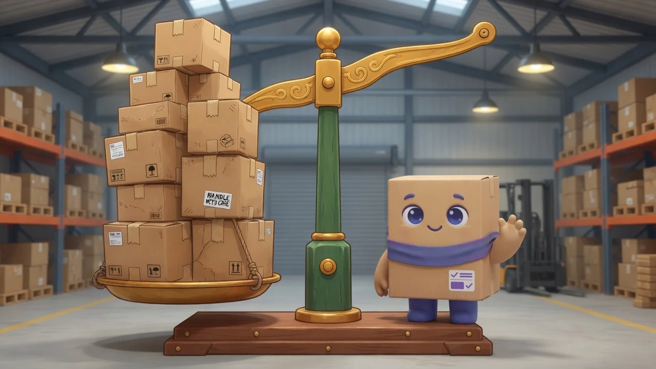 Package Pal beside a warehouse scale balancing boxes against coins.