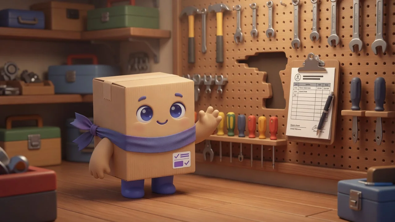 Package Pal at a tool wall with one empty drill silhouette and a checkout clipboard.