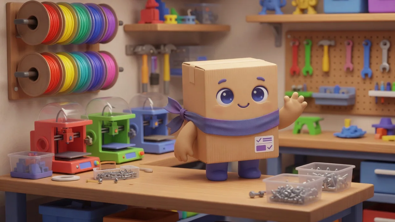 Package Pal in a makerspace with 3D printers, rainbow filament spools, and bins of fasteners.