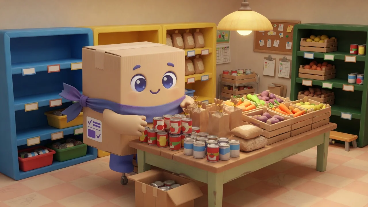 Package Pal sorting donated cans, rice bags, and produce crates at a food-bank table.