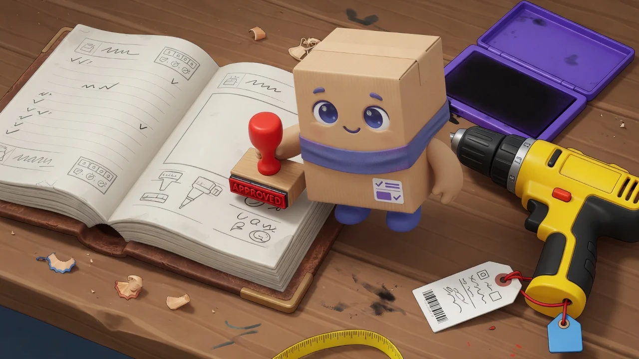 Package Pal stamping a log book beside a tagged power tool.