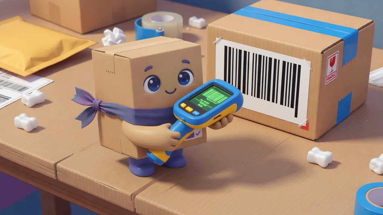 Package Pal richtet einen Barcodescanner auf einen Karton.