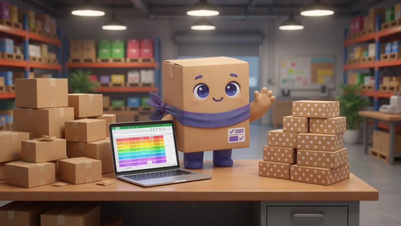 Package Pal at a laptop showing a spreadsheet, with unlabeled cartons on one side and dotted cartons on the other.