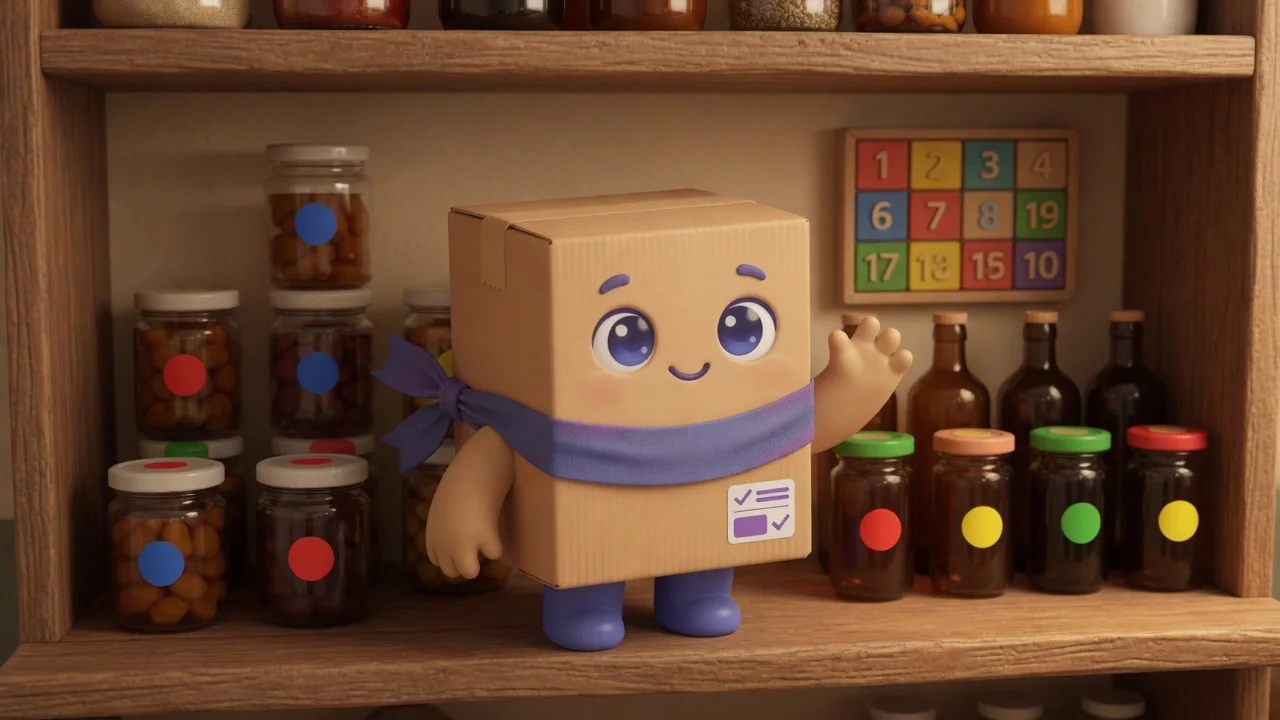 Package Pal in front of jars and bottles with colored date dots on the lids.