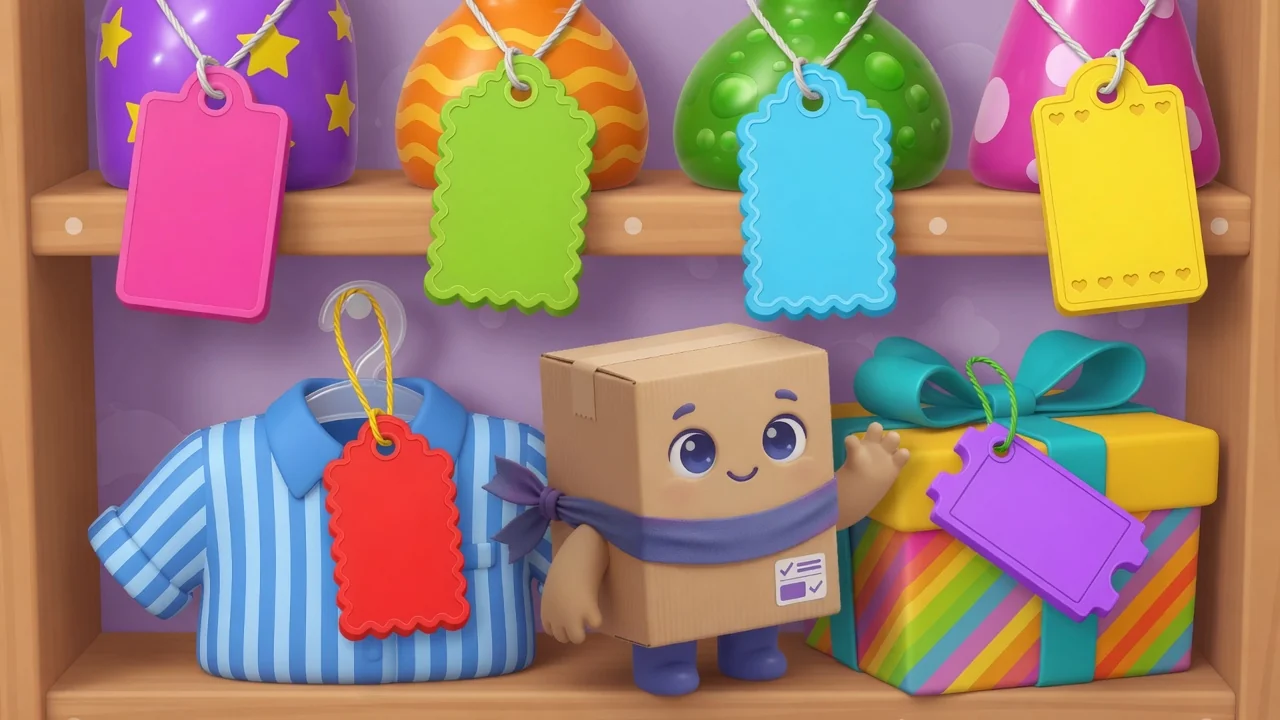 Package Pal hanging blank colored tags on mixed products.