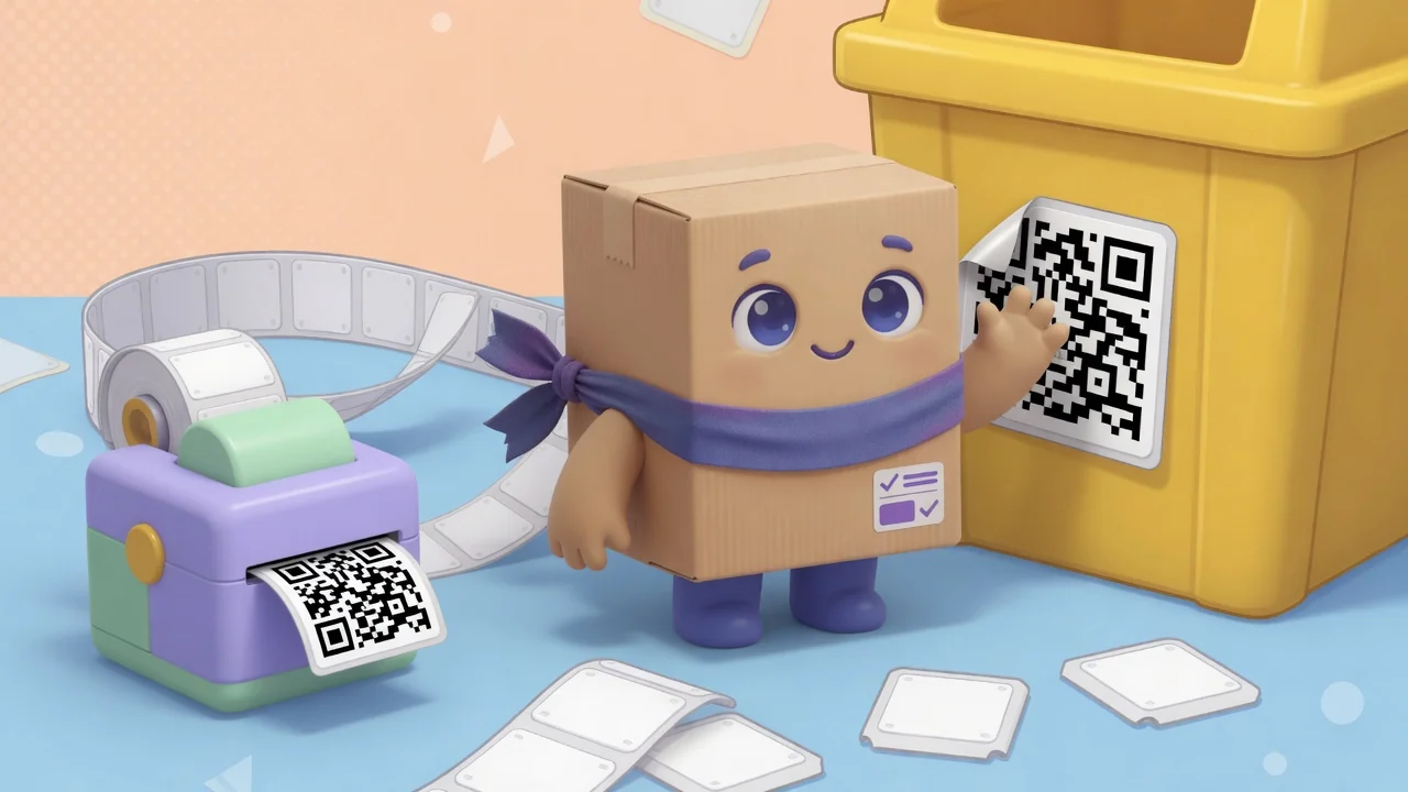 Package Pal peeling a QR sticker onto a bin.