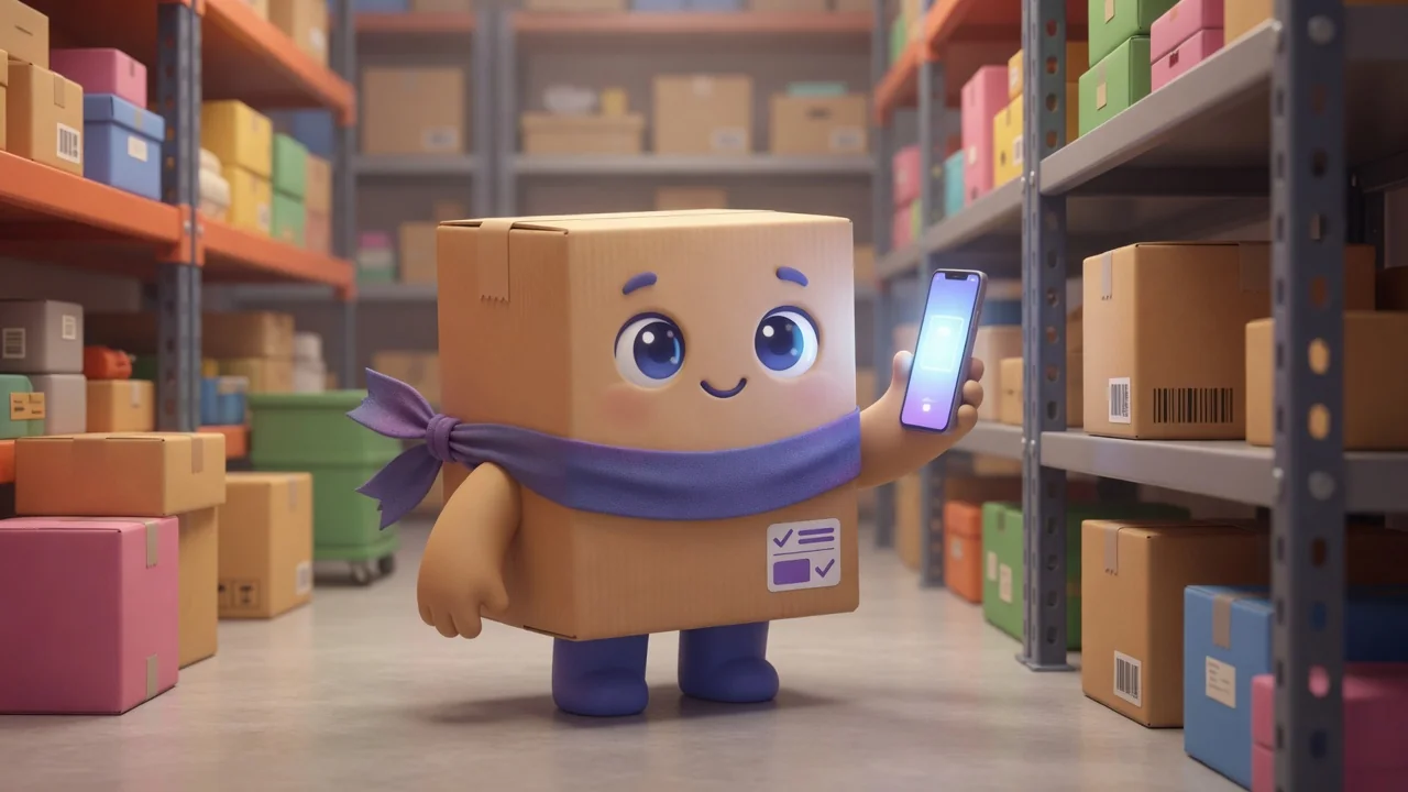 Package Pal holding a phone up to a carton on a warehouse shelf.