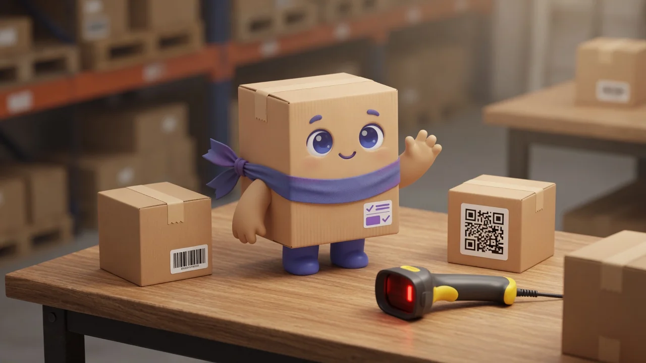 Package Pal between a barcode carton and a QR carton, with a scanner on the table.