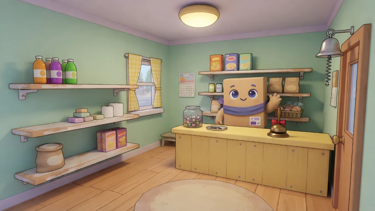 Package Pal waving behind the counter of a tiny neighborhood shop.