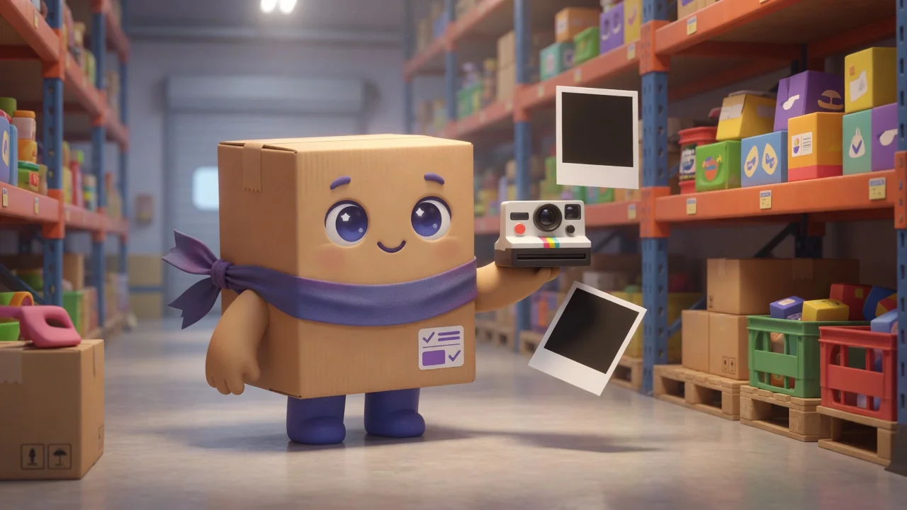 Package Pal holding a camera after taking a snapshot of a stocked warehouse shelf.