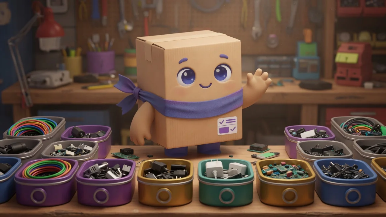 Package Pal at a workbench of parts bins marked with colored spec rings.