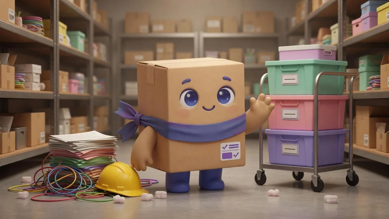 Package Pal beside a rolling cart of color-coded bins in a tidy stockroom aisle.