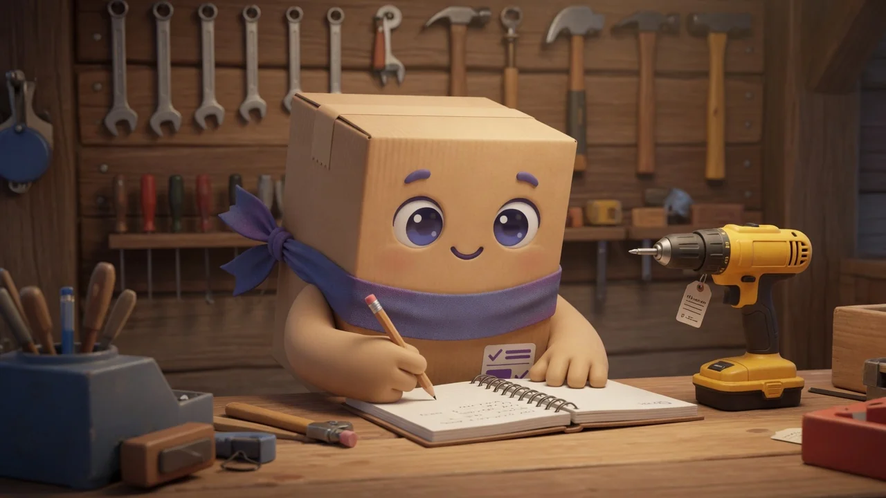Package Pal writing in a notebook beside a tagged drill and hanging tools.