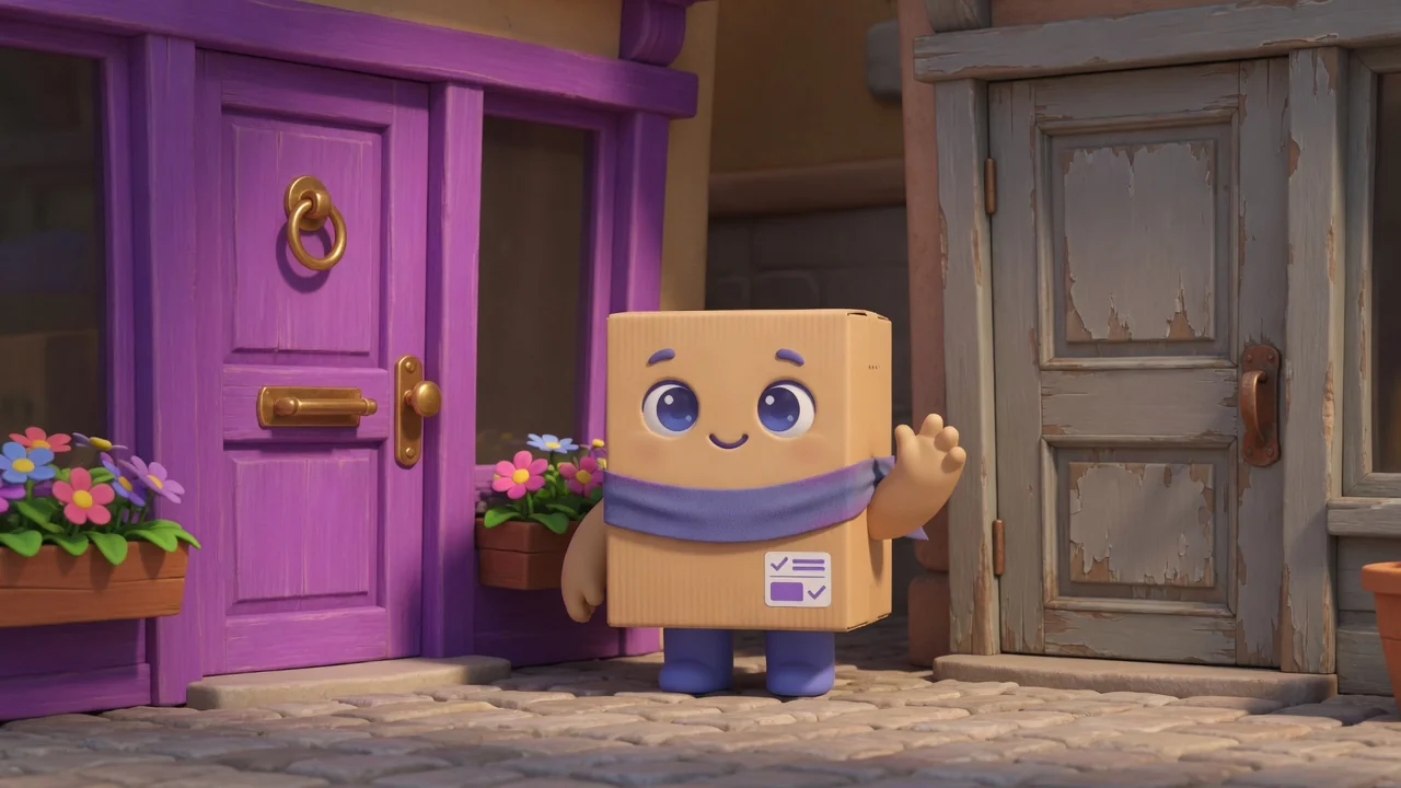 Package Pal standing between a cheerful purple shop door and a dull gray one.