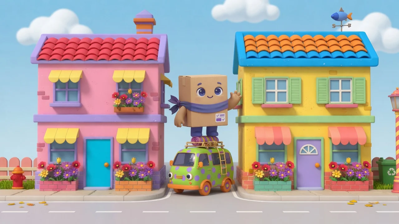 Package Pal standing between two small shop buildings with a van in the middle.