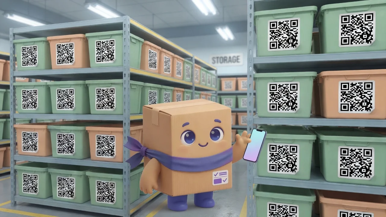 창고 통로에 쌓인 빈의 QR 코드에 휴대폰을 들이대는 Package Pal.