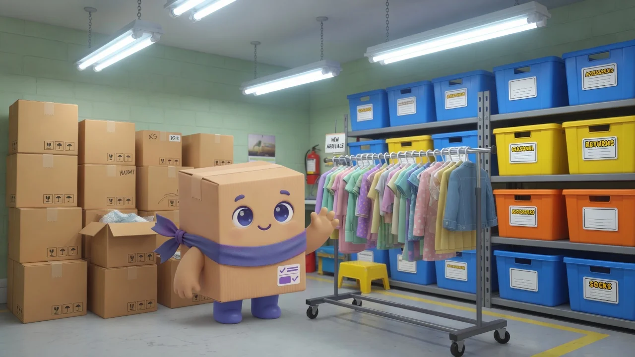 옷 랙, 라벨이 붙은 빈, 쌓인 박스가 있는 소매 뒷창고의 Package Pal.