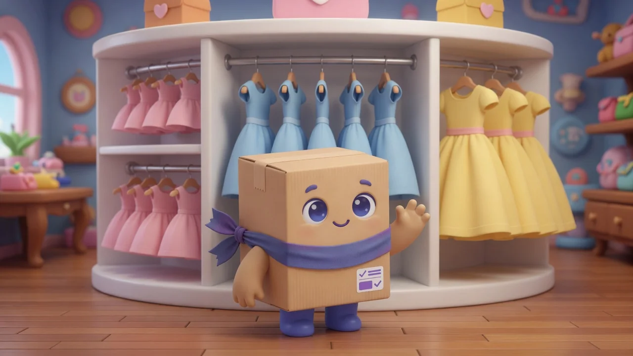 Package Pal in front of a clothing rack split into three size groups of pastel dresses.