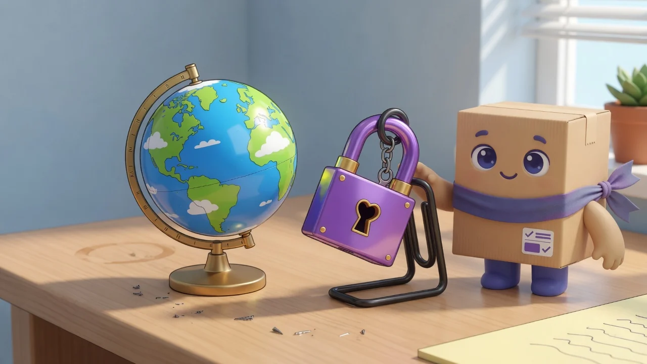 Package Pal beside a desk globe with a padlock.