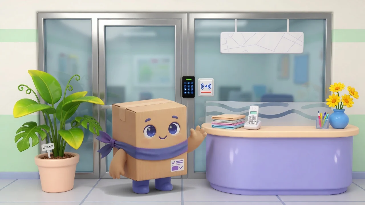 배지 리더가 있는 사무실 문 앞의 Package Pal.