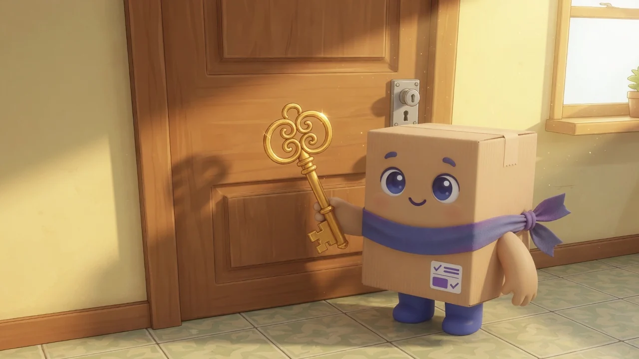 Package Pal holding a golden key at a wooden office door.