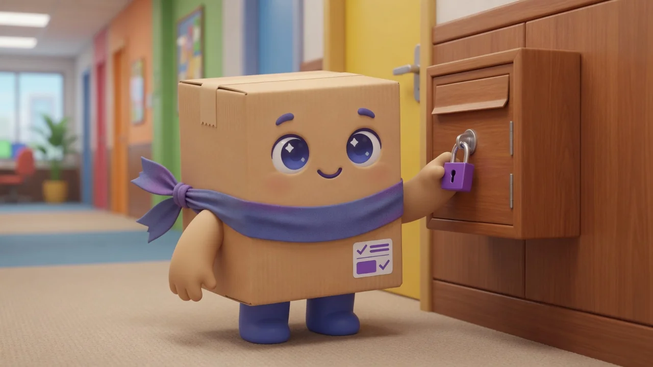 Package Pal beside a wooden wall mailbox with a small purple padlock.