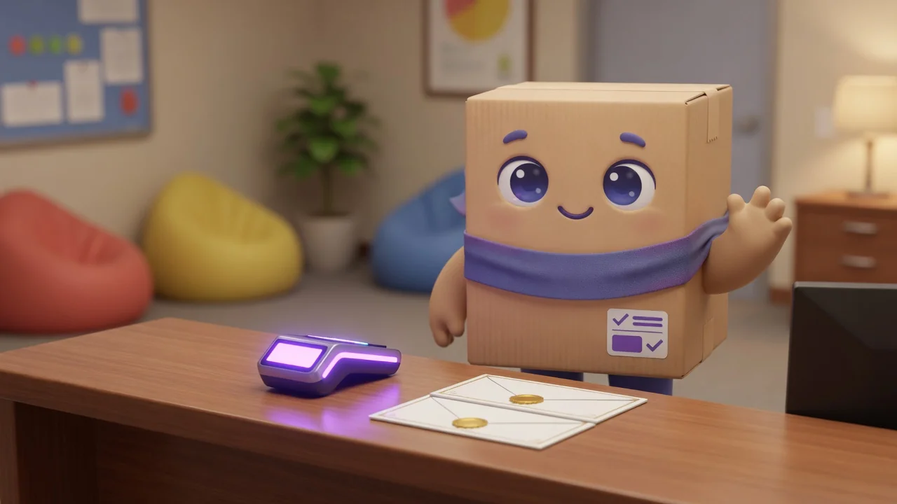 光るバッジリーダーと封をした封筒がある受付デスクのPackage Pal。