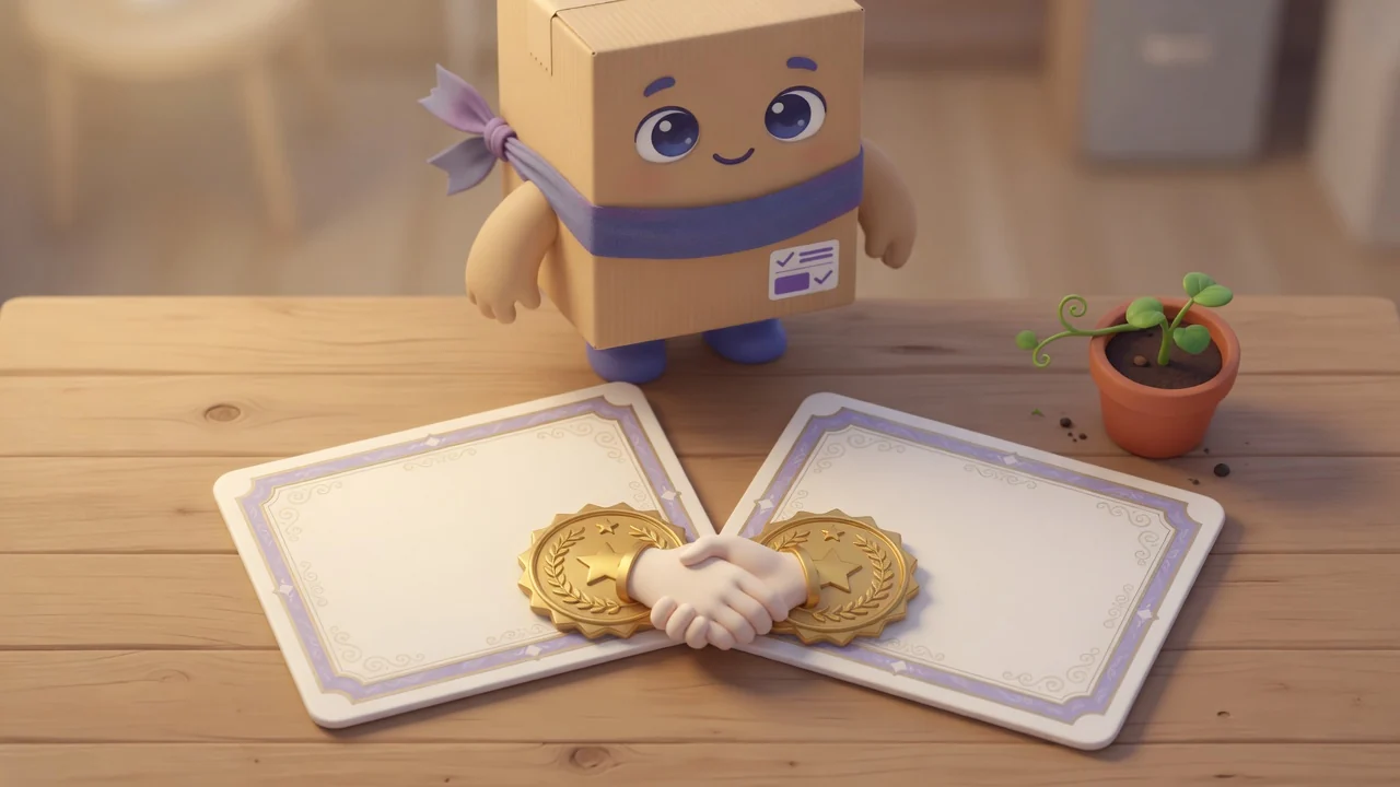 テーブルの上で向き合う、封をした二つの証明書の横のPackage Pal。