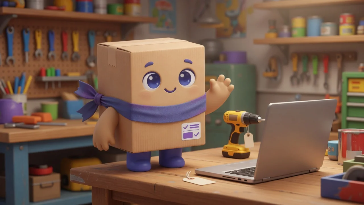 Package Pal next to a laptop and a tagged cordless drill on a workbench.