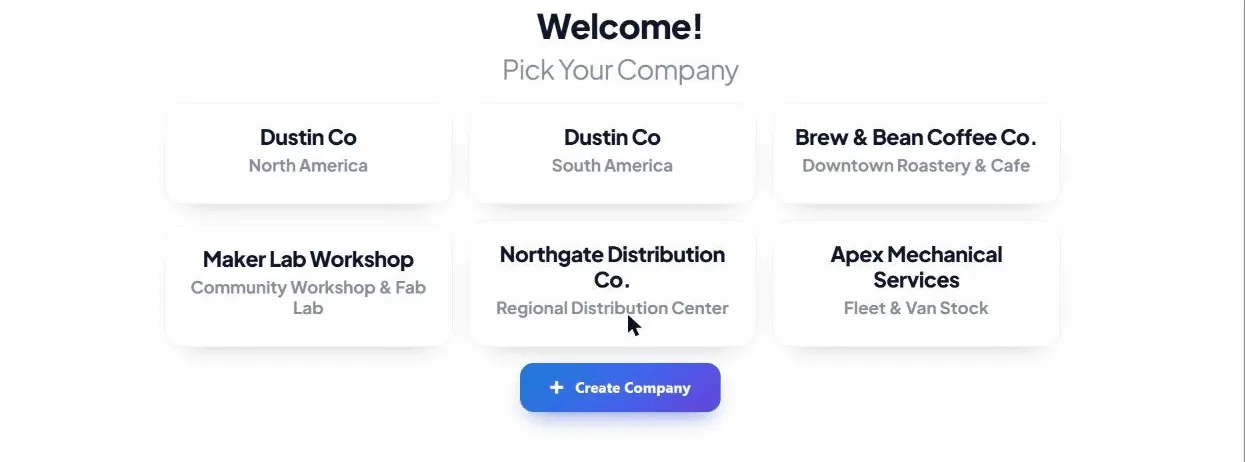 The company picker showing several separate companies (a coffee shop, a makerspace, a distribution center and a field-service business) under one account.