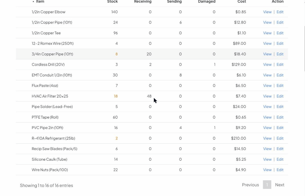 Inventory items in the app, some tracked as a simple count and others broken out into individually labelled units.