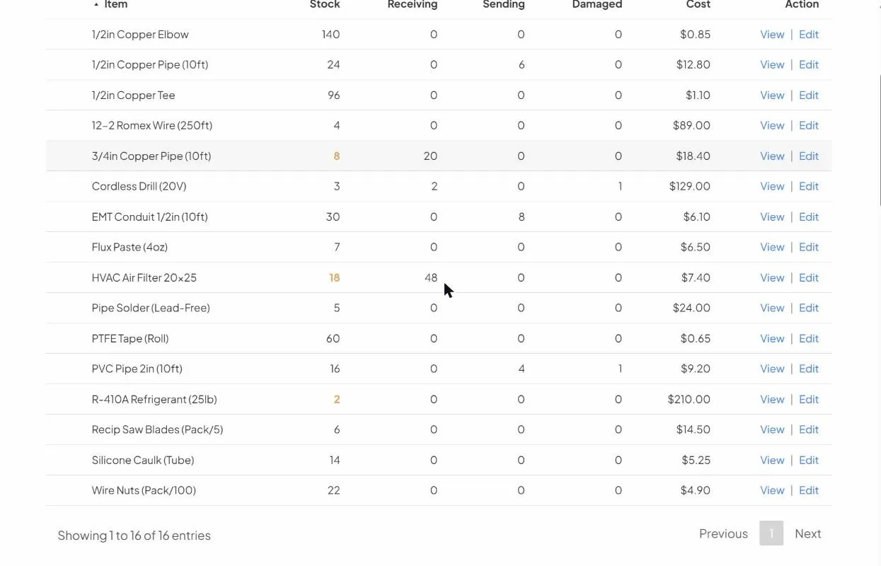 Inventory items in the app, some tracked as a simple count and others broken out into individually labelled units.