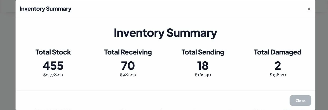 The inventory summary in the app showing total stock and its value at a glance, the kind of clarity to look for when evaluating software.