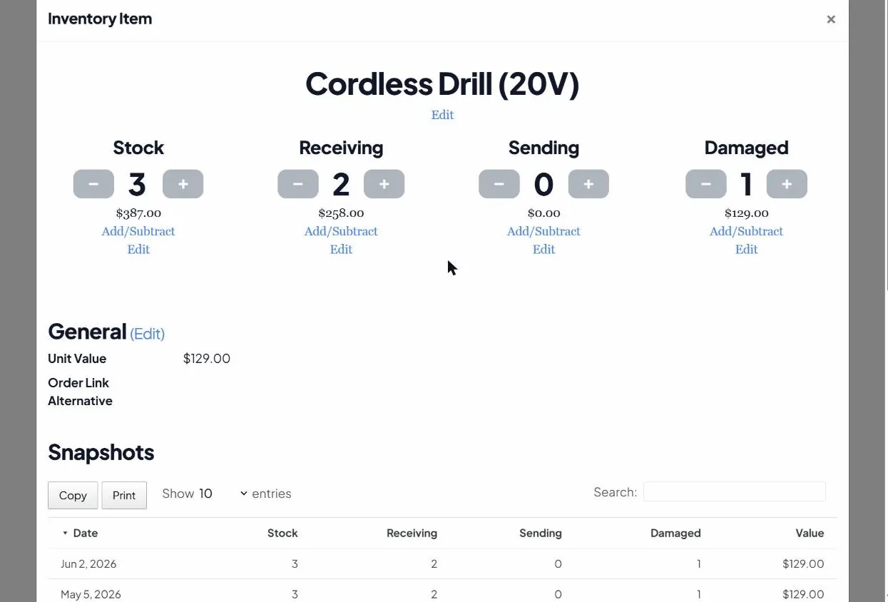 An inventory item in the app showing its counts, value and dated history, the live usage data an AI assistant reads to forecast demand.