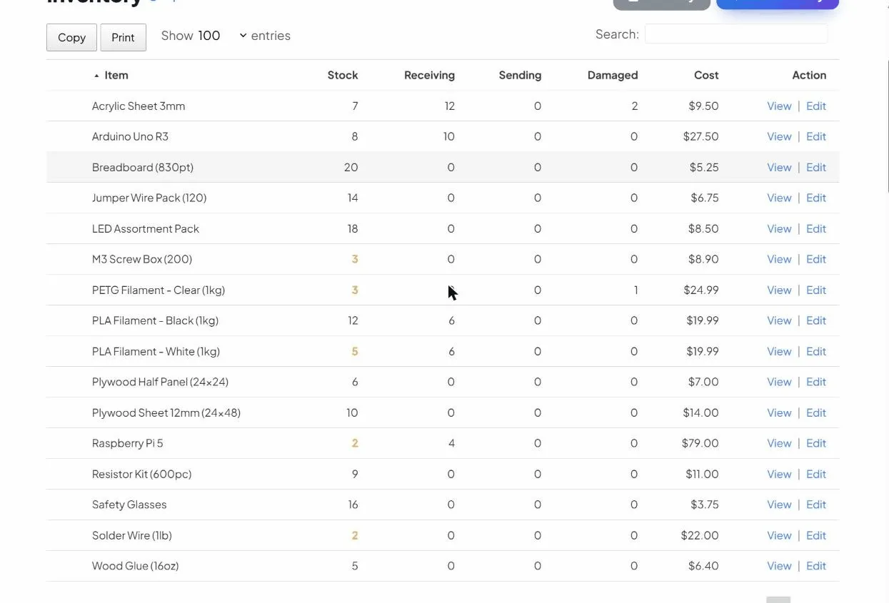 Makerspace inventory (filament, Arduinos, breadboards, plywood, consumables) with low-stock items flagged.