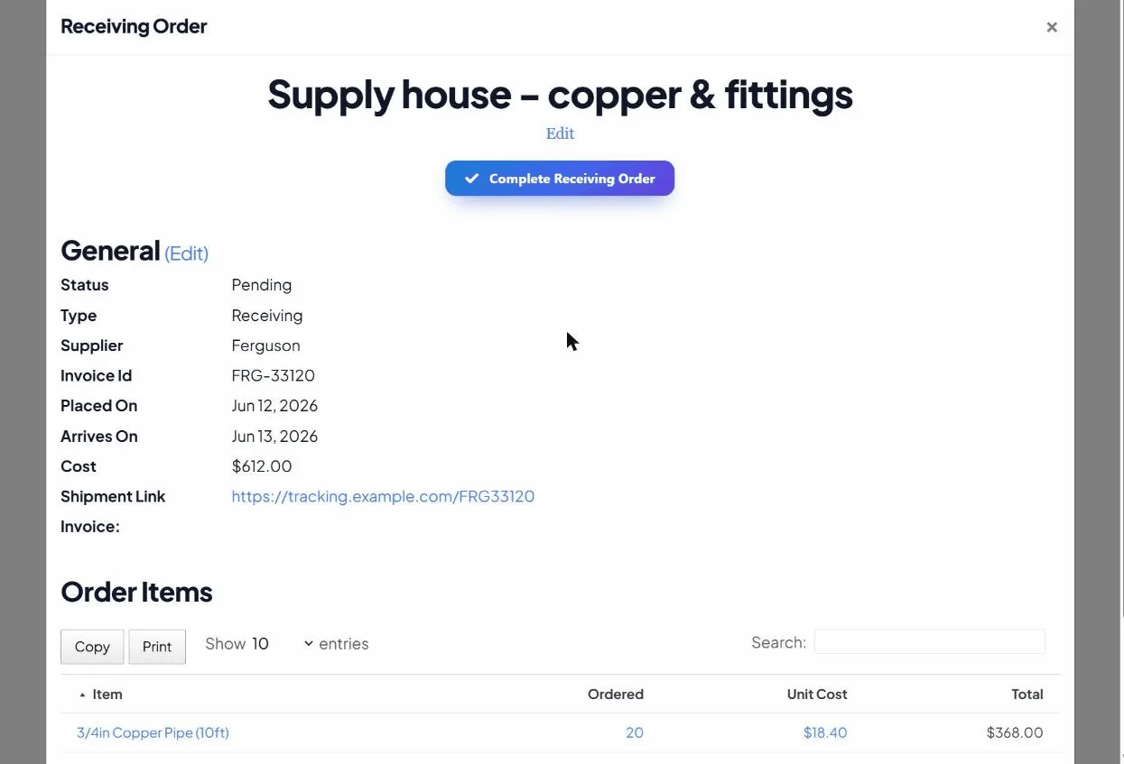 A purchase order in the app showing supplier, invoice ID, placed and arrival dates, cost, a tracking link, and line items with quantities and totals.