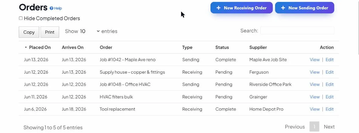 The orders list in the app with receiving and sending orders, suppliers and statuses, where order size and frequency are the levers EOQ helps you set.